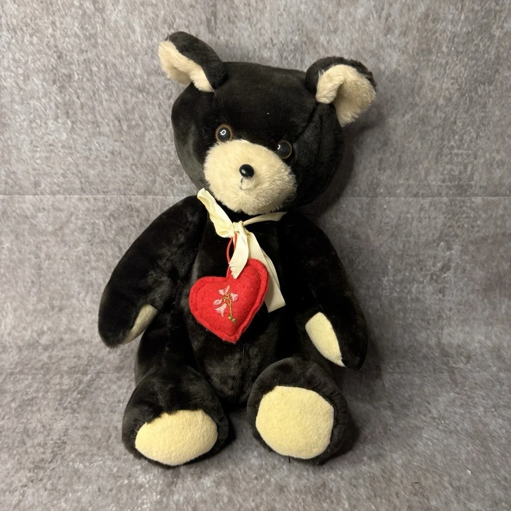 Vintage Teddy Bear Black Tan Jointed Articulated Arms Legs Felt Heart